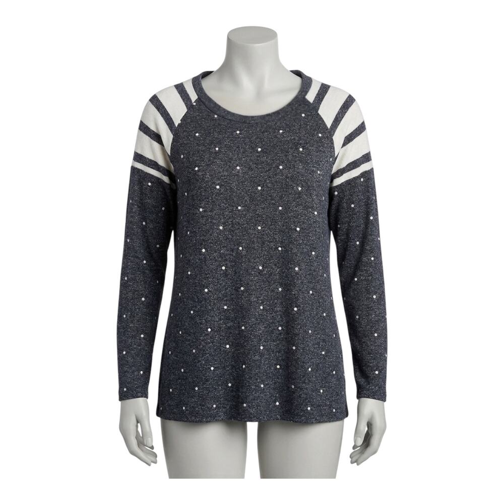 Maurices XL Polka Dot Knit Top Gray Striped Raglan Sleeve Soft Lightweight